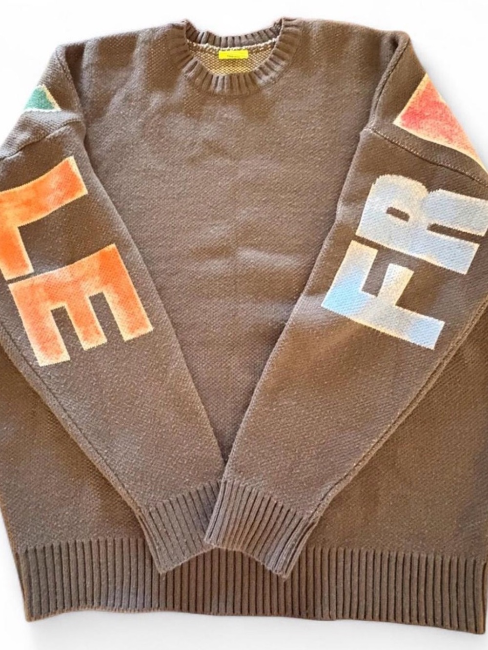 Men's Brown Crewneck Sweater with Multicolor Sleeve Lettering
